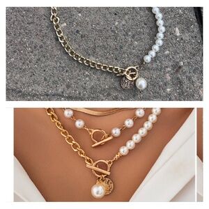 Half-pearl, half-chain necklace toggle clasp pearl and chain necklace.